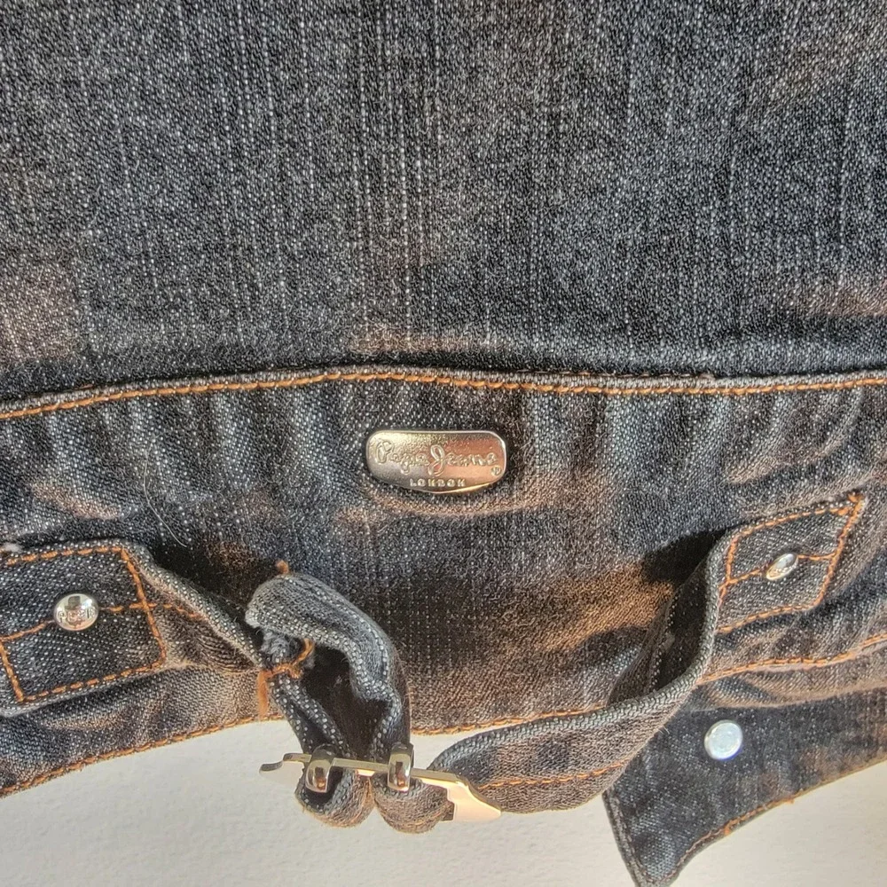 Pepe Jeans London Mens Distressed Denim Jacket Black Punk Graphic Patches Size M
